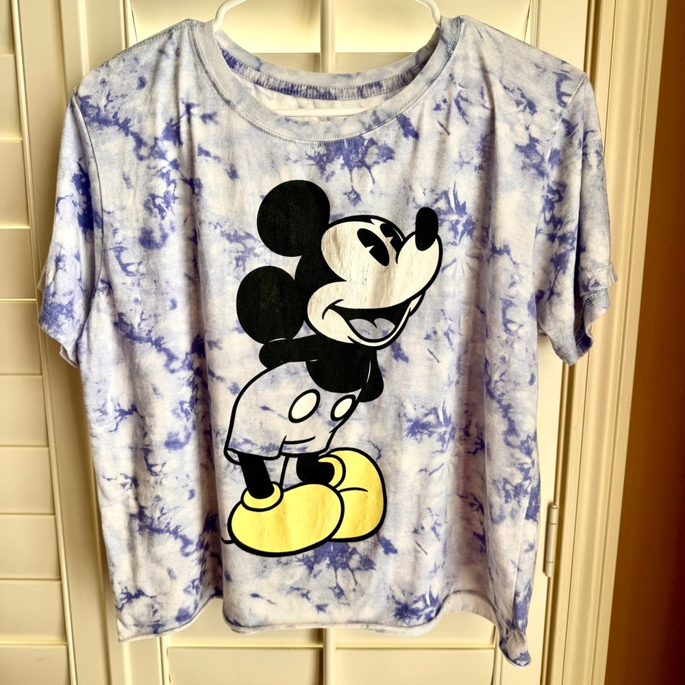 Disney Mickey Mouse Cropped Tie Dye Graphic Tee XXL Blue Vintage Style Shirt